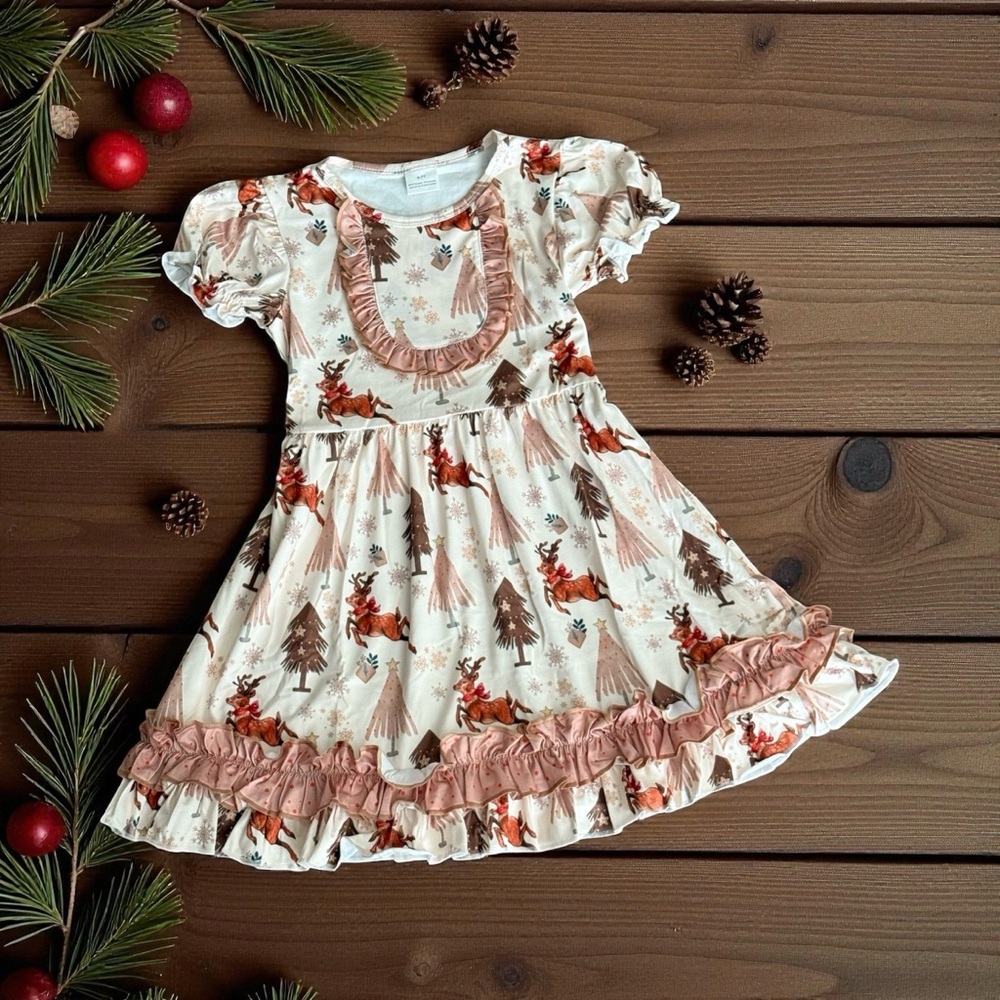 Girls Boutique Holiday Dress Christmas Winter Deer Ruffle Twirl 3T 3Y Neutral